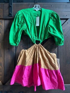 Never Fully Dressed Colorblock Cutout Dress in Green, Tan & Hot Pink